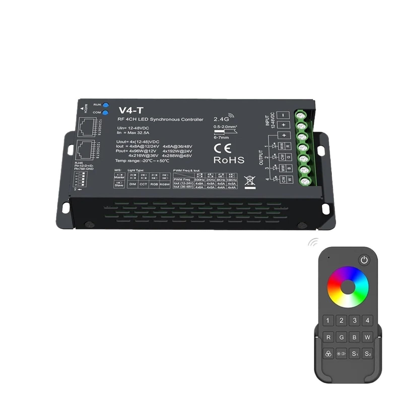 Controlador LED síncrono de 4 Canales DMX512 con atenuación PWM, Modo Maestro o Esclavo, 10 Modos RGB dinámicos, CC 12-48 V, Compatible con Control Remoto de 2,4 GHz.(LED Controller Kit)