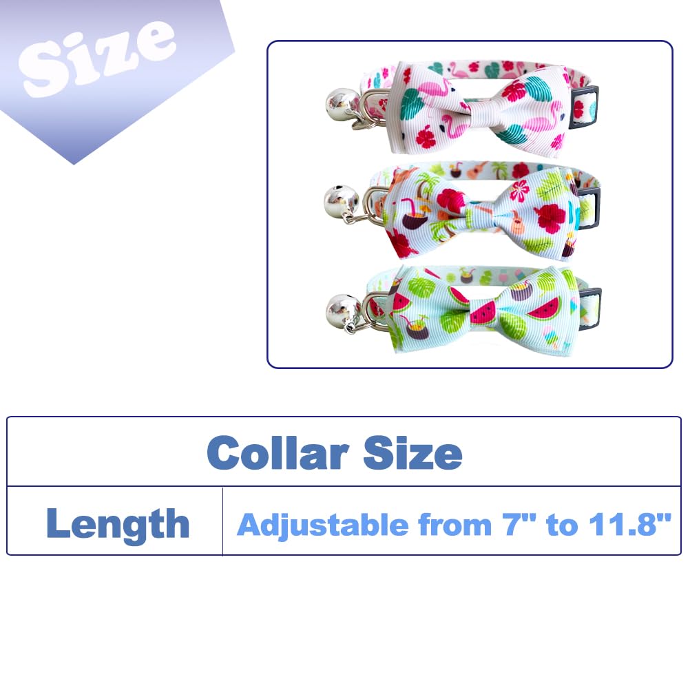 3 Pack Hawaiian Breakaway Cat Collar with Removable Cute Bow Tie and Bell Adjustable Safety Buckle Fruit Flamingos Hawaiian Styles