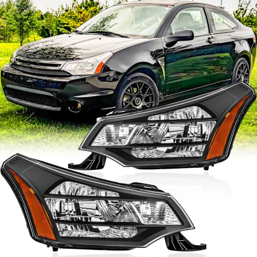 Headlights Assembly Pair for 2008 2009 2010 2011 Ford Focus S/SE/SES/SEL Head Lamps Replacement Driver and Passenger Side Black Housing Amber Reflector