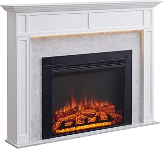 LegendFlame® Ashley Electric Fireplace with 60" Mantel Surround and Jaden 36" Insert, Cream White with Light Grey Marble Finish