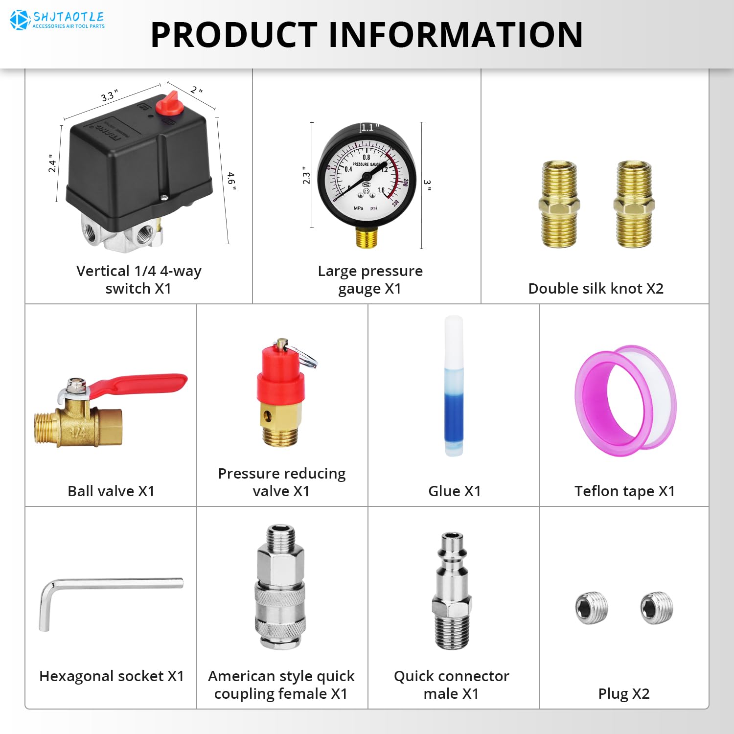 Válvula de control universal del interruptor de presión del compresor de aire (90-120 PSI, 110V-240V) con regulador de 0-180 PSI y válvula de alivio de presión de seguridad, pieza de repuesto de 4
