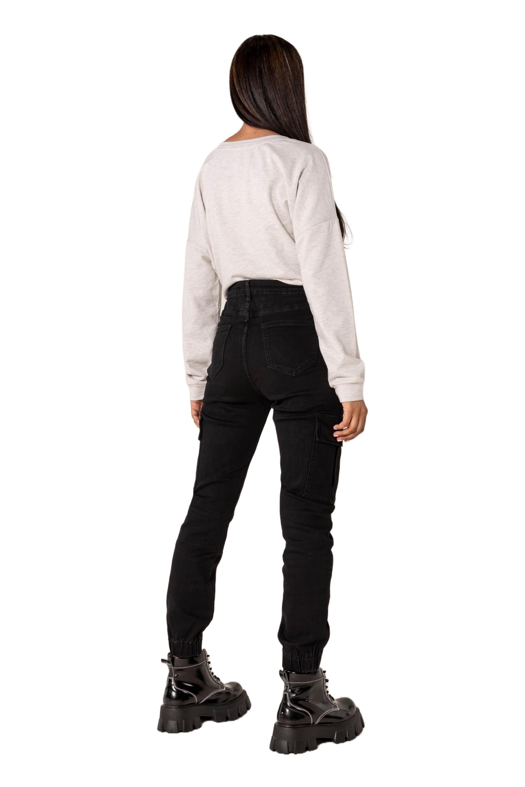 Nina Carter P219 Damen Cargo Jeans High Waist Relaxed Fit Jeanshosen Elastischen Beinabschlüssen Used-Look