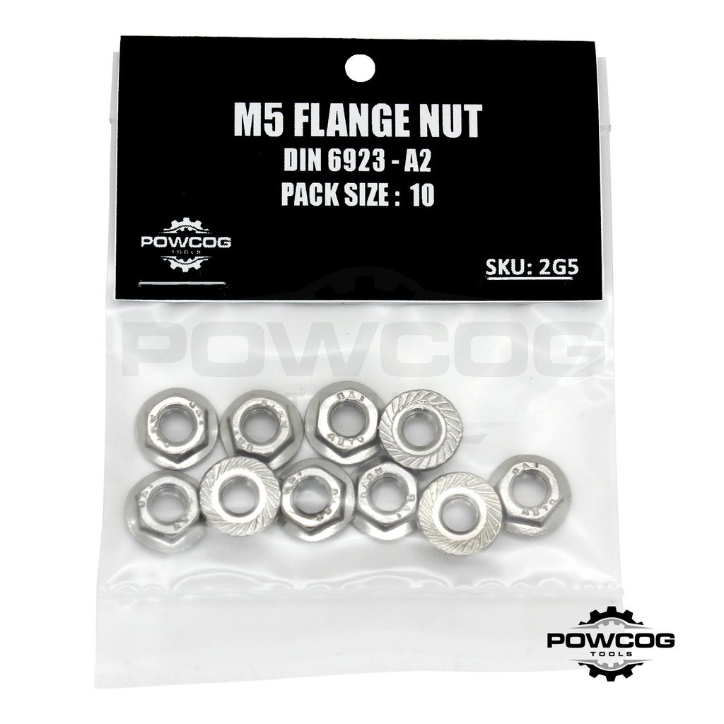Powcog M5 Serrated Flange Nut - A2 Grade 304 Stainless Steel 5Mm Metric Hexagon Nuts - Din 6923 - By Powcog® - Pack Of 10