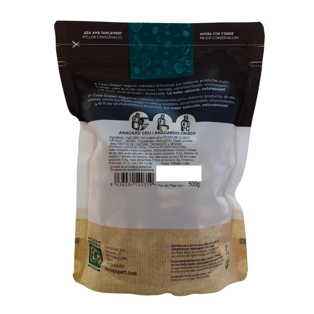 Casa Gispert - Anacardos Frutos Secos - Sin Gluten, Vegano (500g, Crudo)