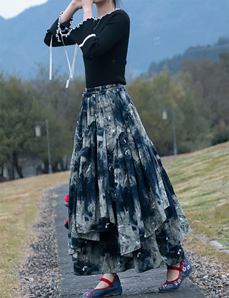 IDEALSANXUN Gonna lunga da donna con elastico in vita Aline foderato in cotone retrò Maxi orlo plissettato, Stampa 001, L