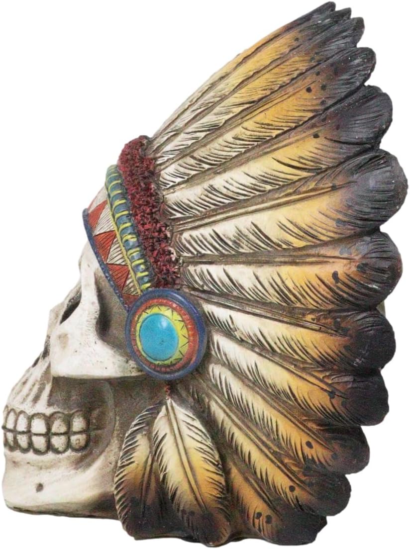 Ebros Gift Native American Indian Eagle Chief Skull with Turquoise Rocks Tribal Mohawk Warrior Headdress Figurine Day of The Dead Graveyard Ossuary Spooky Decor