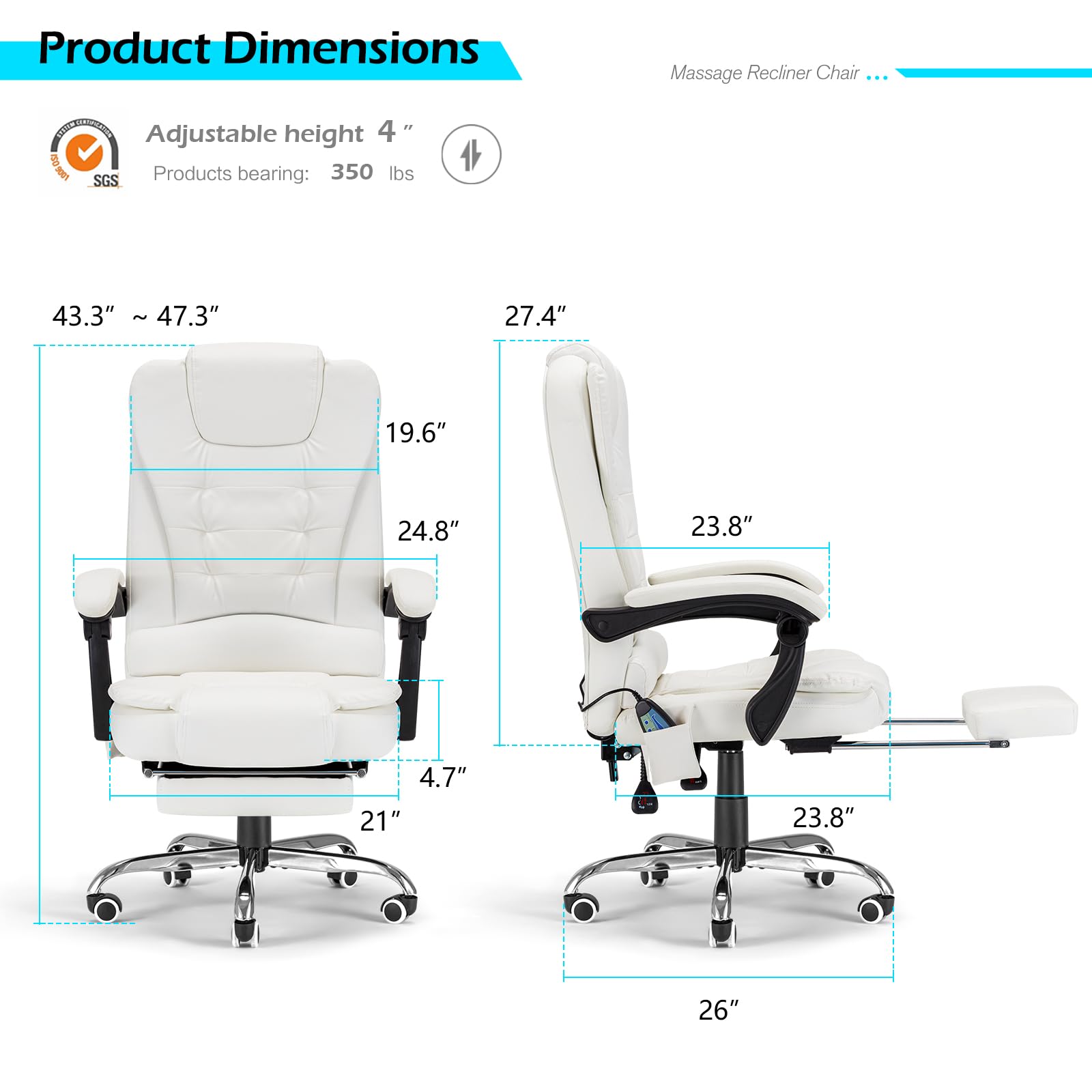 YODOLLA Ergonomic Reclining Office Chair with 7 Massage Points and Heat Function Leather Executive Home Desk Chair w — view 3