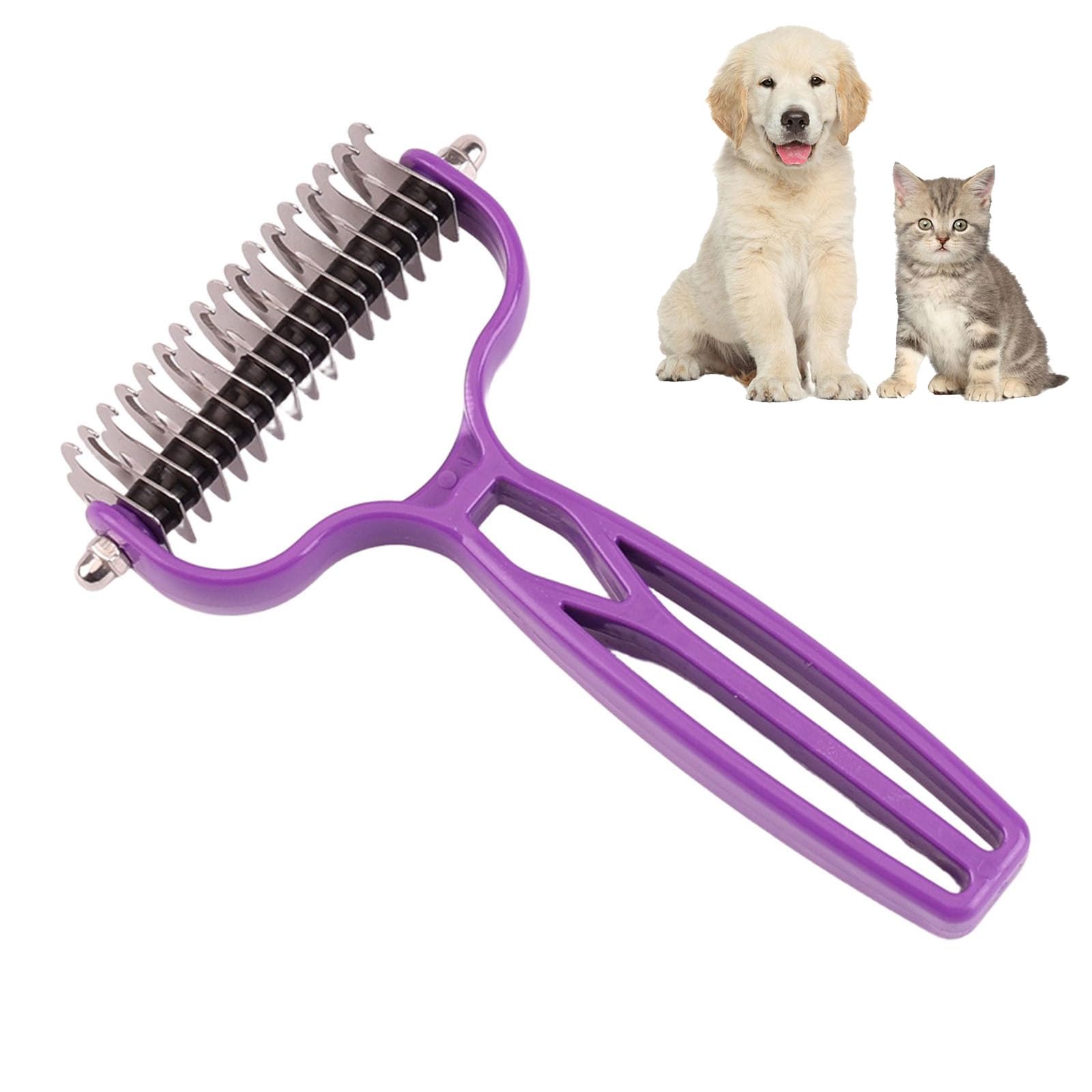 Pet Grooming Tool, Dematting and Deshedding Brush for Dogs Cats, 2-in-1 Undercoat Rake for Pet Groomings, Double Sided Fur Remover Tool for All Coat Types, Stress Free Grooming Kit
