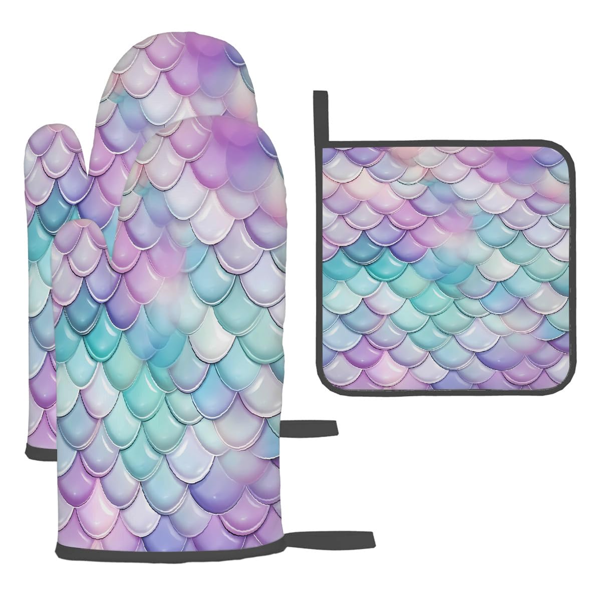 Mexpekil Oven Mitts and Pot Holders Set, Colorful Sea Mermaid Scale Kitchen Heat Resistant Waterproof Oven Gloves and Hot Pad for Cooking Baking Grilling BBQ