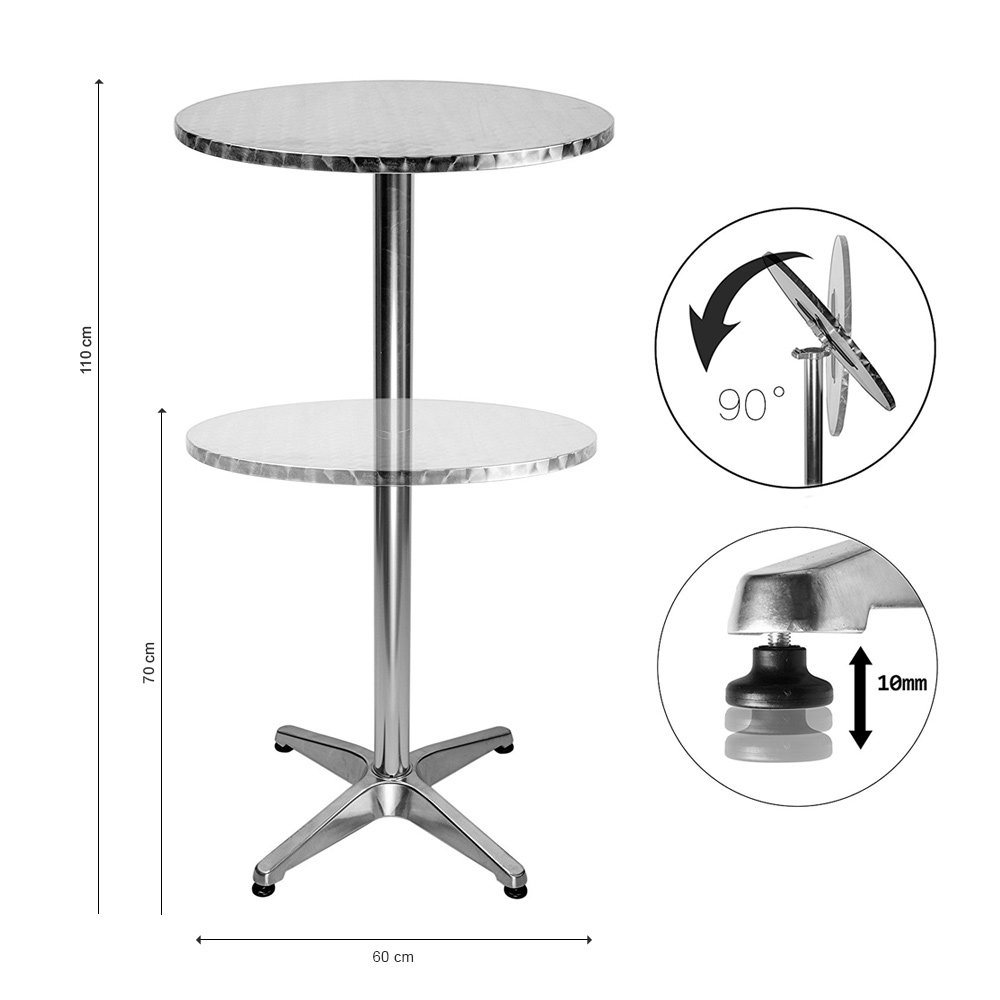 BAKAJI Tavolino In Alluminio Per Esterno Pieghevole 60 x 70/110cm Regolabile In Altezza Tavolo Bistrot Ripiano TOP in Acciaio Inox Rotondo Per Bar Casa Giardino Ristorante Silver