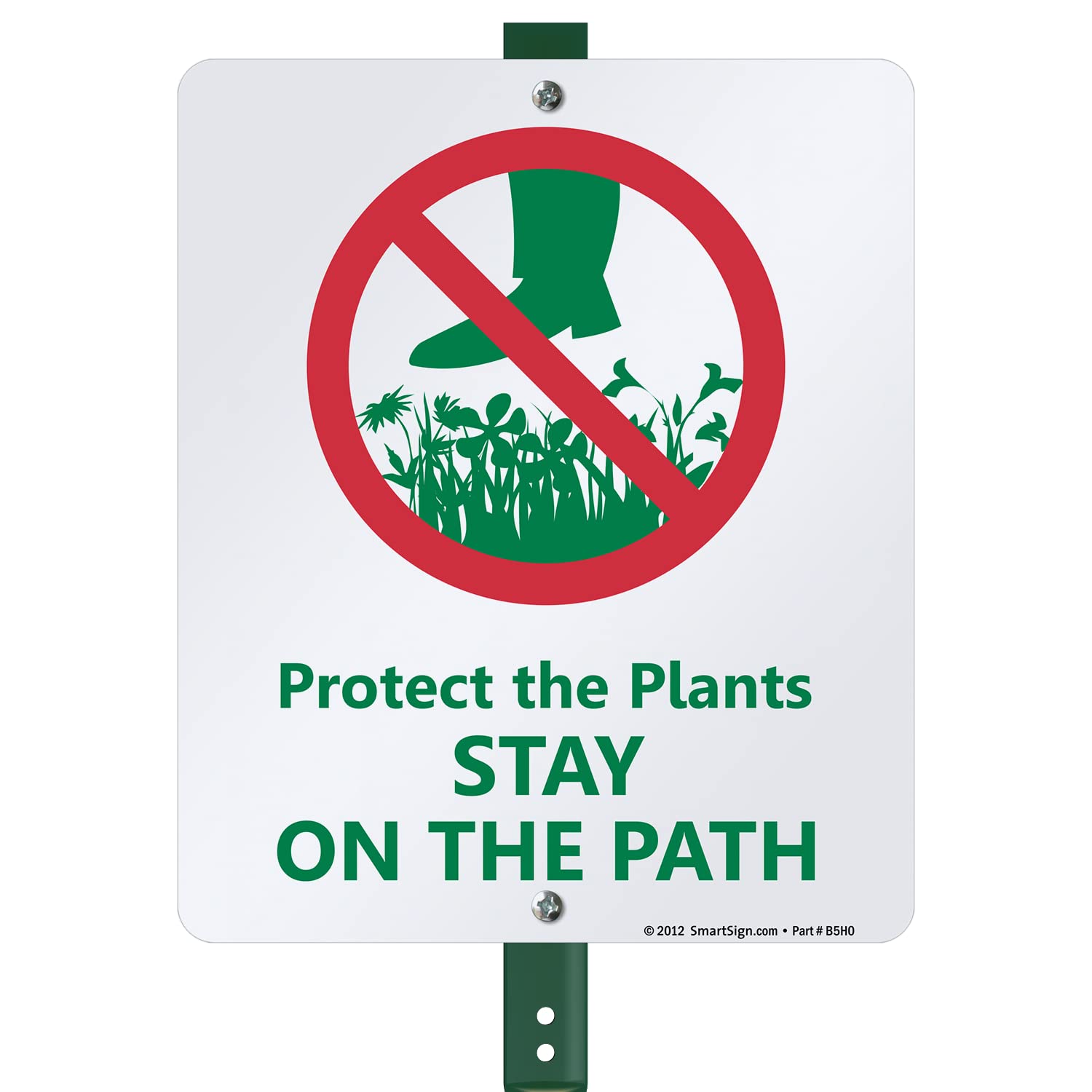 SmartSign 12 x 10 inch Protect The Plants - Stay On The Path Yard Sign with 3 Foot Stake, 40 mil Laminated Rustproof Aluminum, Green, Red and White, Set of 1