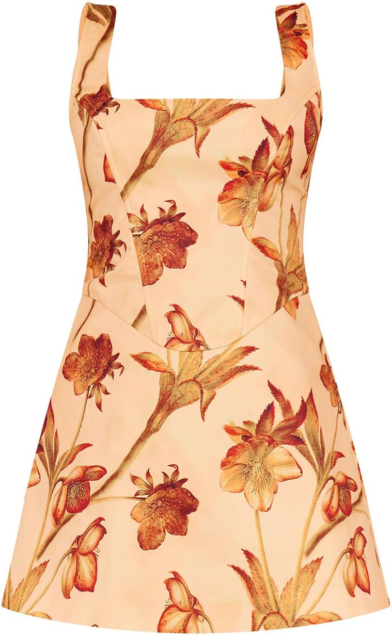 Women's Floral Jacquard Dresses Adjustable Strap Sundress A-Line Tank Mini Dress Nude - Image 5