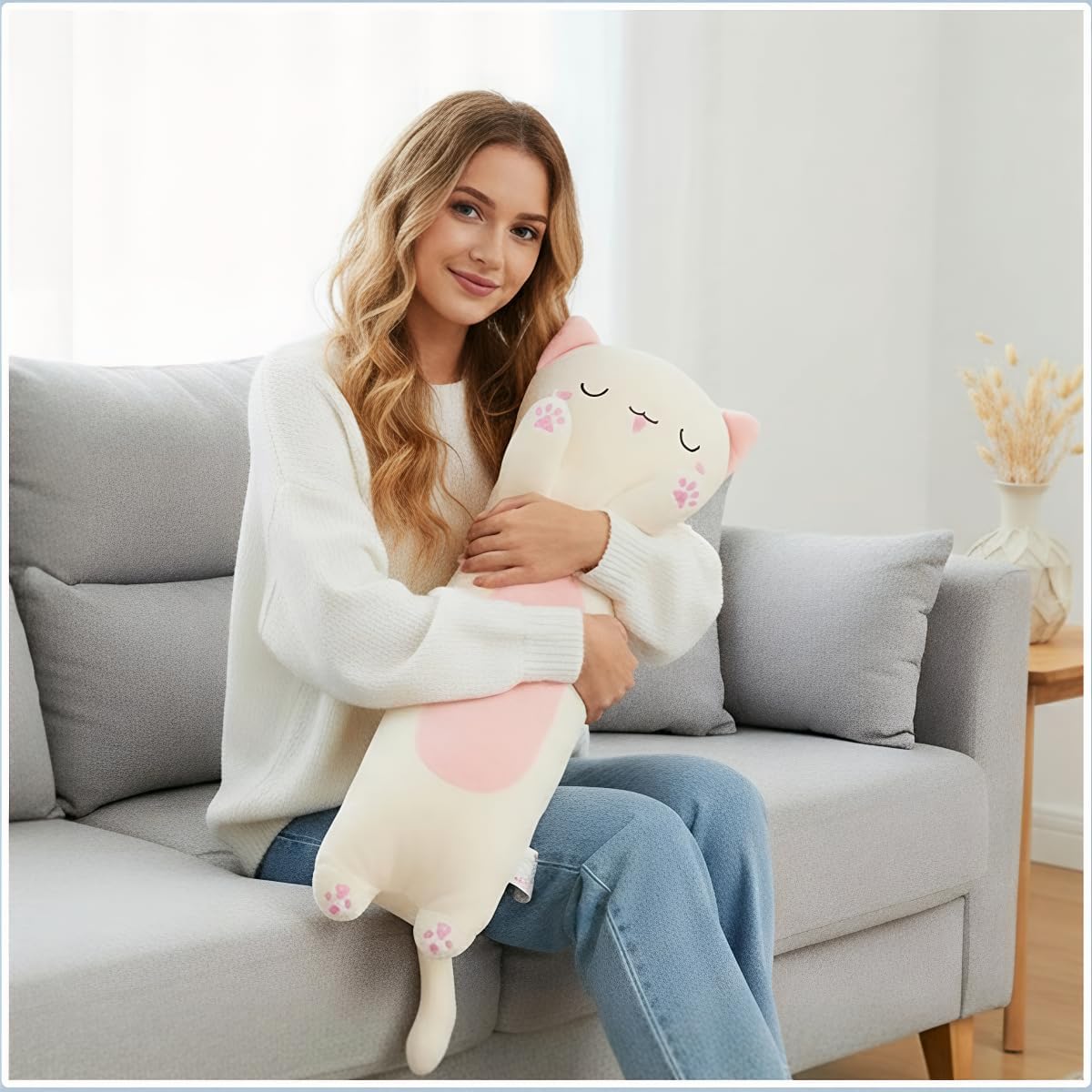 Cat Plush, Soft Long Cat Plush Pillow, Cute Kitten Plushies Toy Stuffed Animal Kitty Hugging Pillow for Kids Boys Girls Room Decor (Beige, Sleepy Eyes, 60cm/23.62inch)