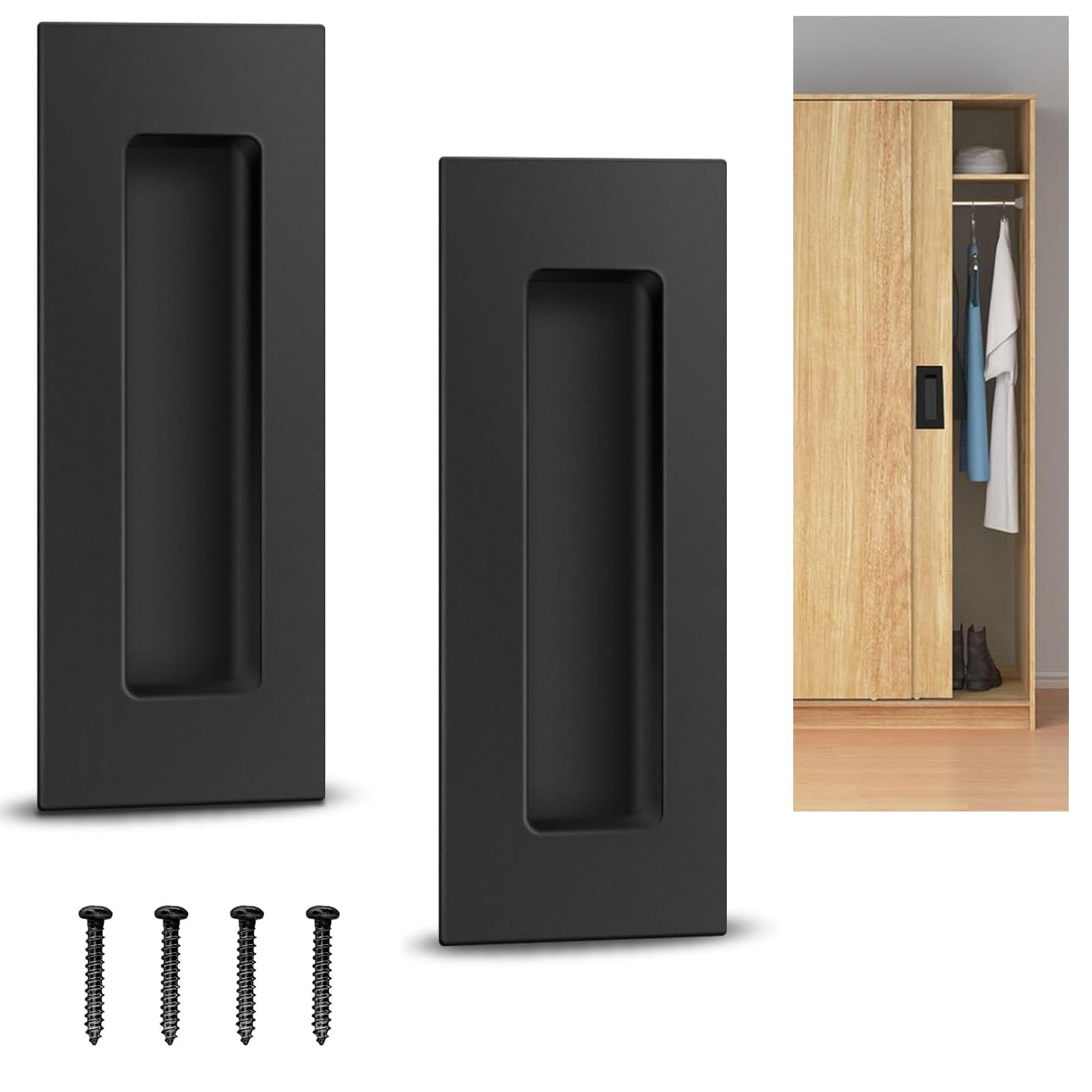 2 Pack Sliding Door Handles, 150mm Pocket Door Pull Handles, Stainless Steel Recessed Flush Door Handles, Recessed Barn Door Handle for Barn, Pocket Door,Kitchen,Cupboard,Cabinet,Closet, Black