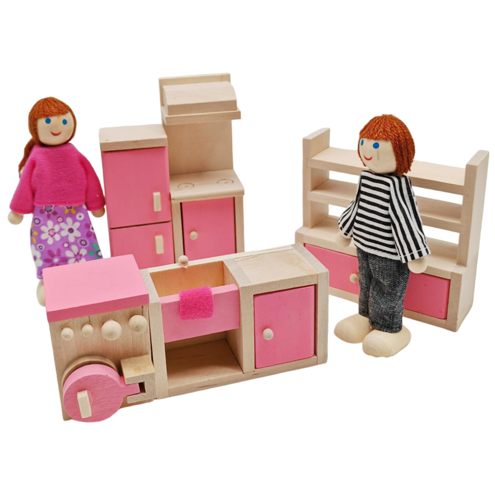 Wooden Doll House Furniture Pretend Play Kitchen Furniture for Kids Childs Gifts Family (Kitchen), Pink, Small - Image 2