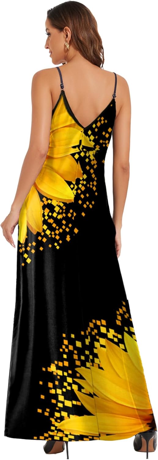 Women's Maxi Sunflower Dresses Sleeveless Long Tie Dye Dress Casual Sundresses with Pockets - Image 3