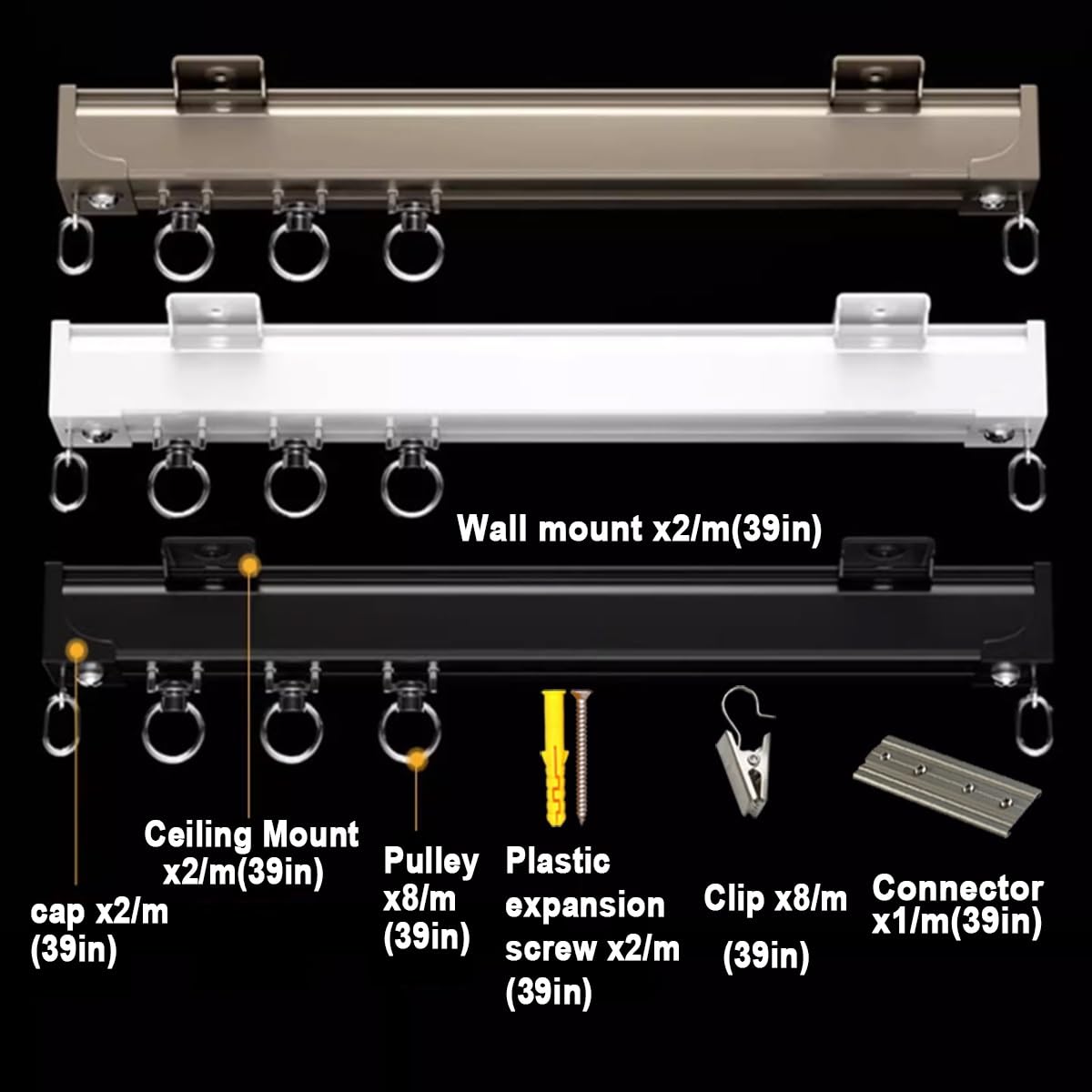 Aluminiowy system szyn sufitowych – 0,5 m – 5 m szyna ścienna do przegród pokojowych, przesuwna szyna z klipsami, idealna do kabiny kampera i szafy (czarna, 260 cm)