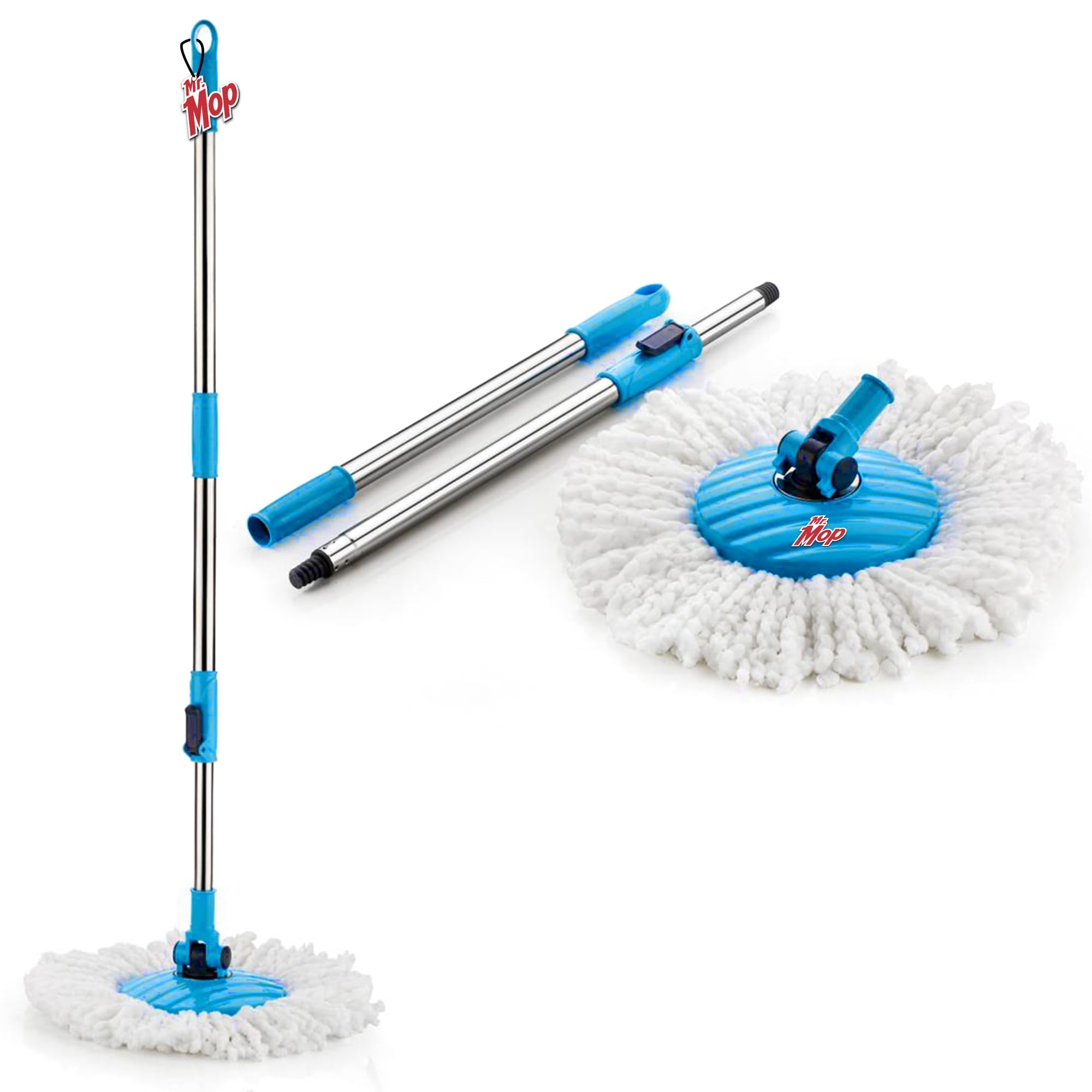 Mr.Mop 360 Degree Spin Universal Stick Rod with 1 Microfiber Refill / Magical Extendable Handle Pocha for Floor Cleaning - Mop Rod Set (Blue)-image-10
