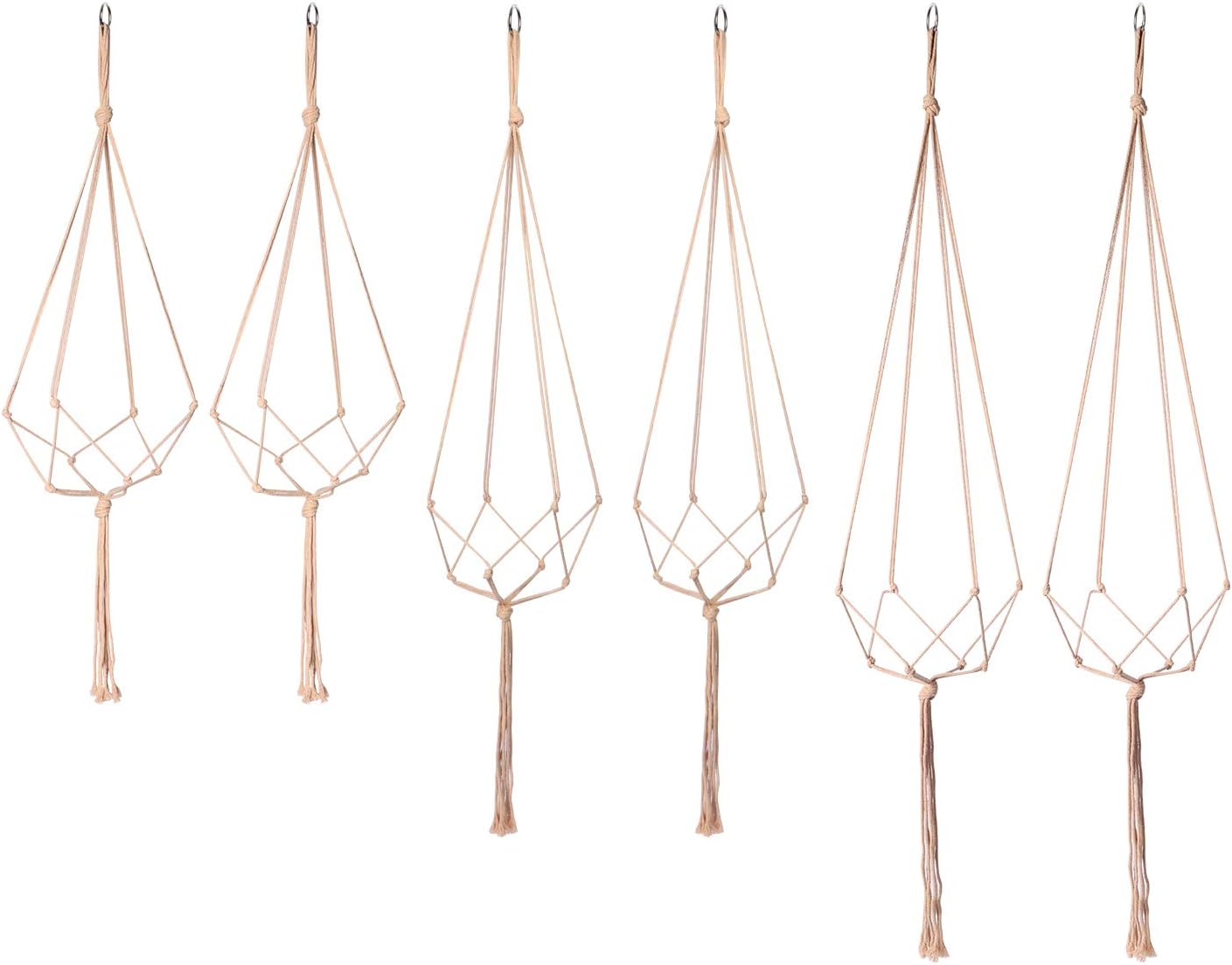 POTEY 660202 Macrame Plant Hangers - Simple Design Indoor Outdoor Plant Pot Hangers,Hanging Plant Holder Handmade Cotton Rope for Home Decor 6 Pack, 4 Legs,35''/40.5''/47'',Brown