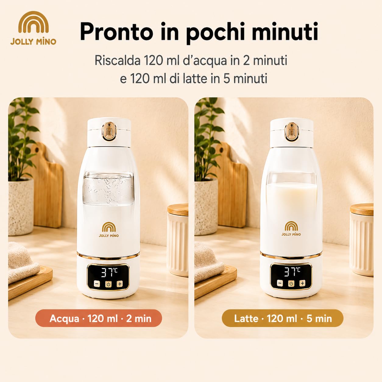 Scaldabiberon Portatile Senza Fili 500ml, Acciaio Inox, Temperatura Regolabile 35-55°C, Acqua e Latte Materno, Viaggio/Auto/Notte, Spazzolino Incluso, Design Dorato Premium
