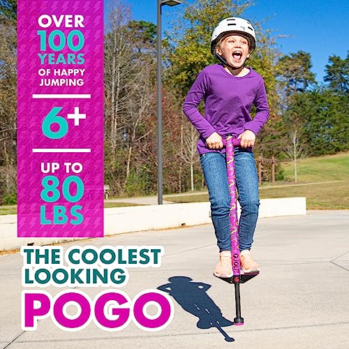 Image of Flybar Jolt Pogo Stick for Kids, Perfect for Beginners w /Foam-Covered Metal Frame, Handles & Padding, Non-Slip Foot Pads, Wide Tip, Outdoor Active Play Toy for Boys & Girls, Ages 6+, Pink Hearts