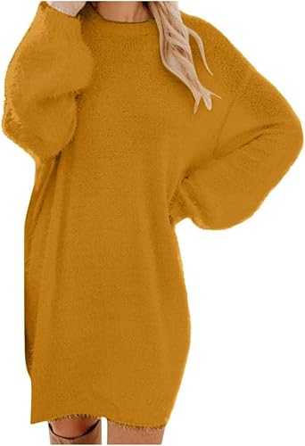 Womens Furry Pullover Sweater Dress Casual Crewneck Long Sleeve Oversized Dress Fall Winter Loose Soft Mini Dresses