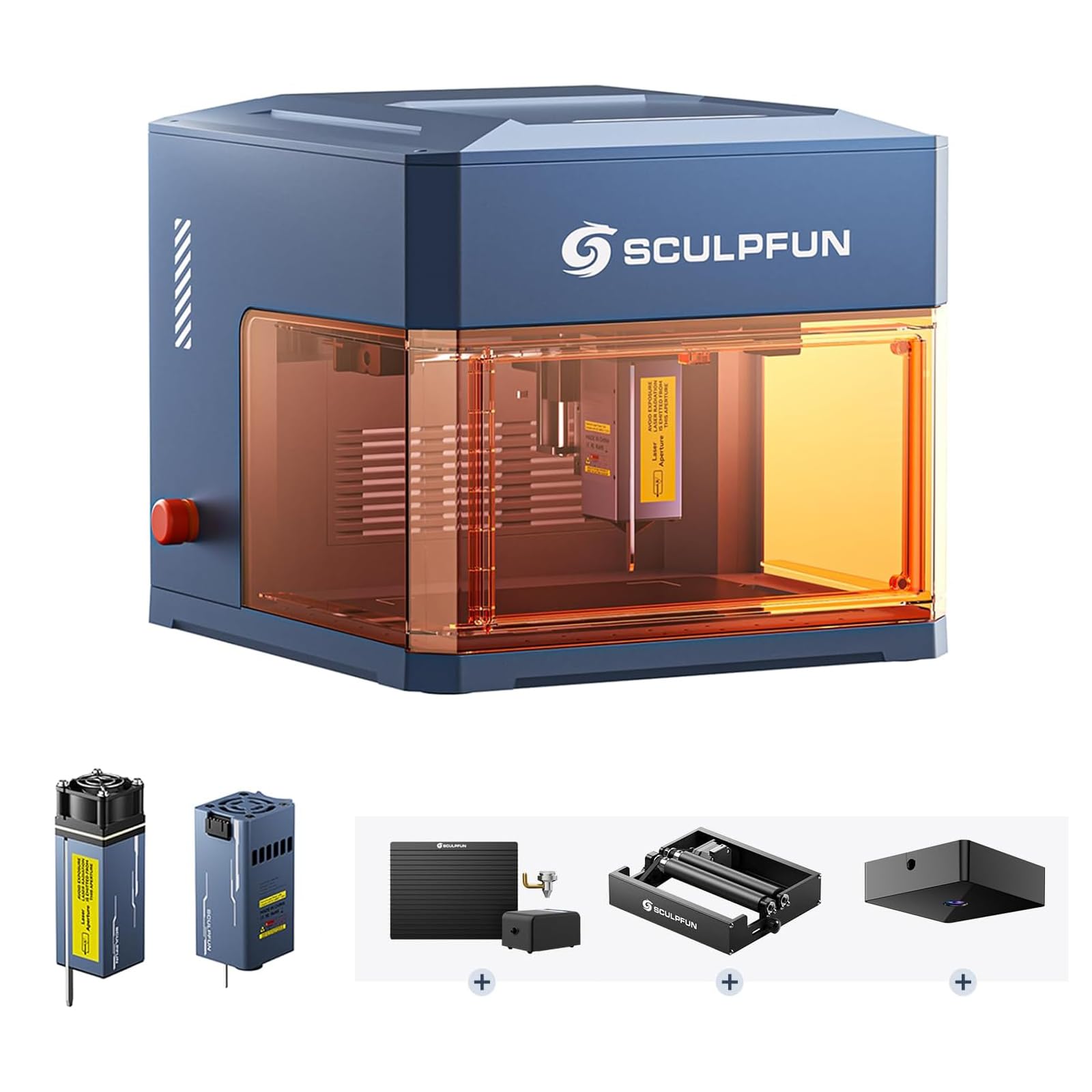 SCULPFUN iCube Ultra Deluxe Macchina per incisione laser a doppio laser 12W+1.2W con kit di aggiornamento accessori PAC3 (fotocamera iCAM, rullo RA Mini, pompa dell'aria iAP e piano di taglio)