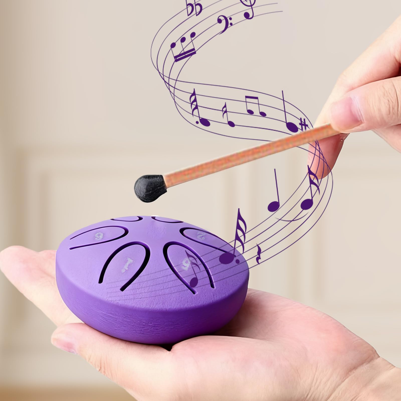 Set di 2 tamburi a pioggia, 3 pollici, 6 toni, con custodia in tessuto, libro musicale e bacchetta, strumento a percussione per lezioni di musica o regalo (verde e viola)