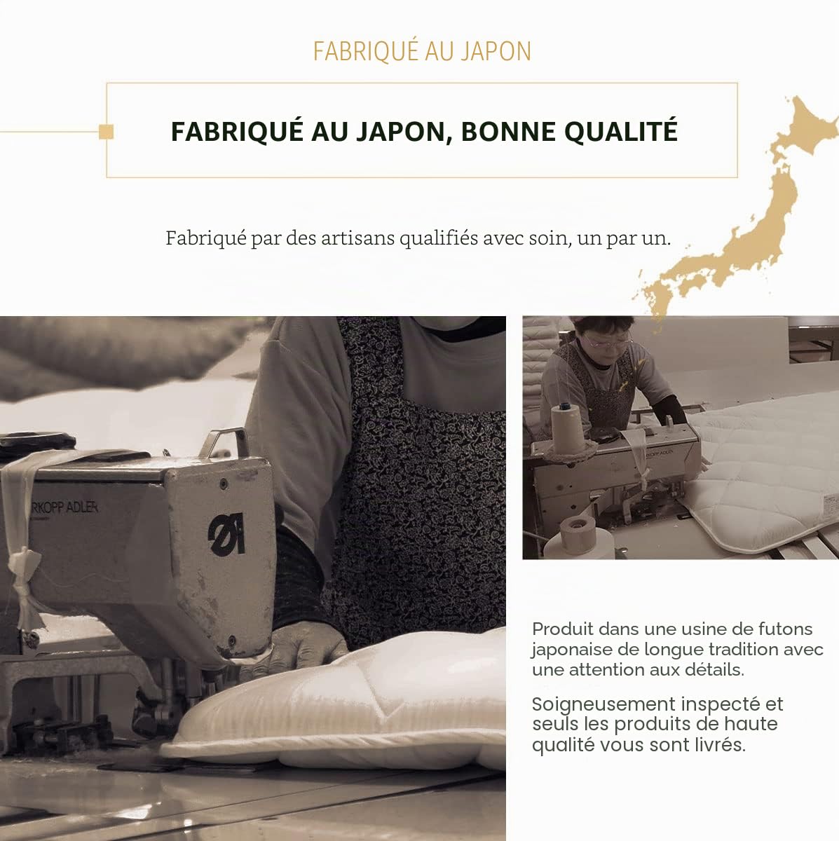 EMOOR Ensemble Futon Japonais Peu Encombrant (Matelas Futon, Couette & Oreiller) 95 x 195 cm Blanc, Fabriqué au Japon Matelas Pliable pour Dormir au Sol Shikibuton Tatami Camp Usage Invité