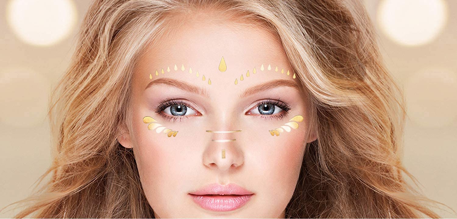 10 Sheets Face Tattoo Sticker, Glitter Gold Tattoos,Metallic Freckle Temporary Transfer Tattoo Sticker for Women Girls Christmas Halloween Makeup Dancer Costume Parties (10 sheets)