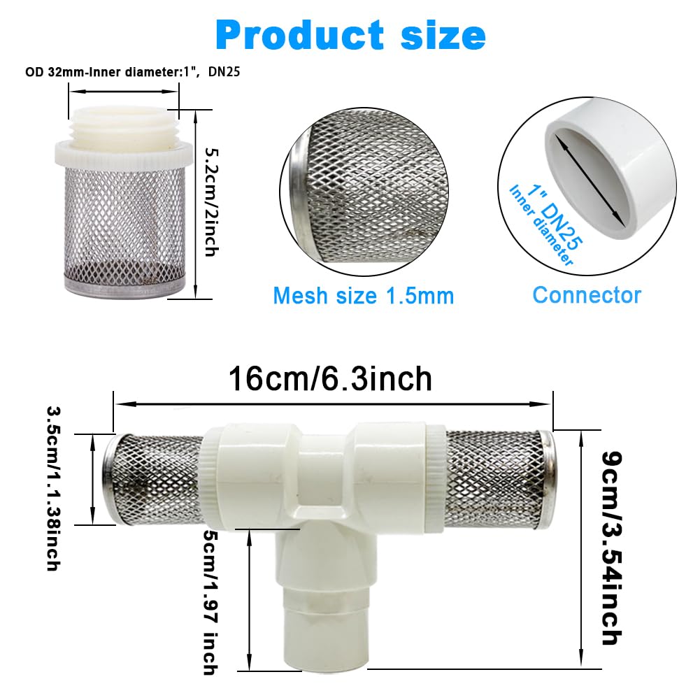 1" T Strainers steel filter cover connected to 1" PVC DN25 water pipe, suction hose 1 inch T strainer used to remove debris and reduce solid entry — Amazon image 3