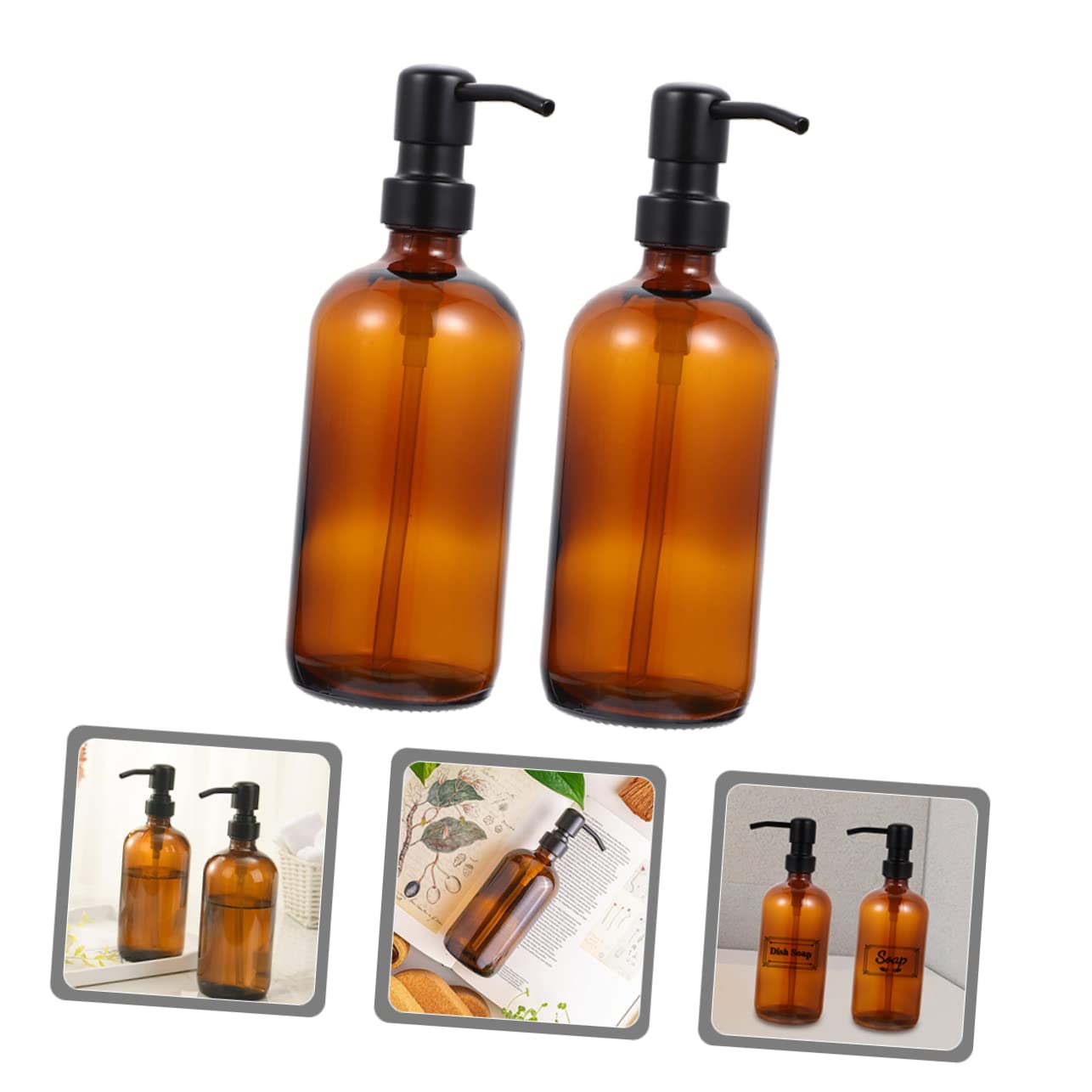 Jabón de Vidrio Marrón 500ml con Bomba de Acero Inoxidable, 2 Piezas
