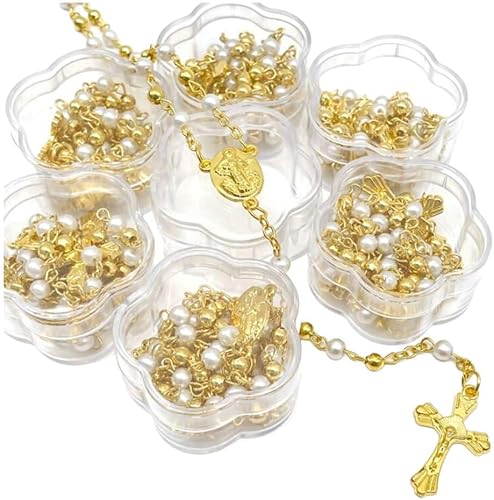 12 rosarios de pera sintética de San Benito al por mayor para bautismo, boda, rosario, recuerdos de perlas doradas para primera, comunión, recuerdo