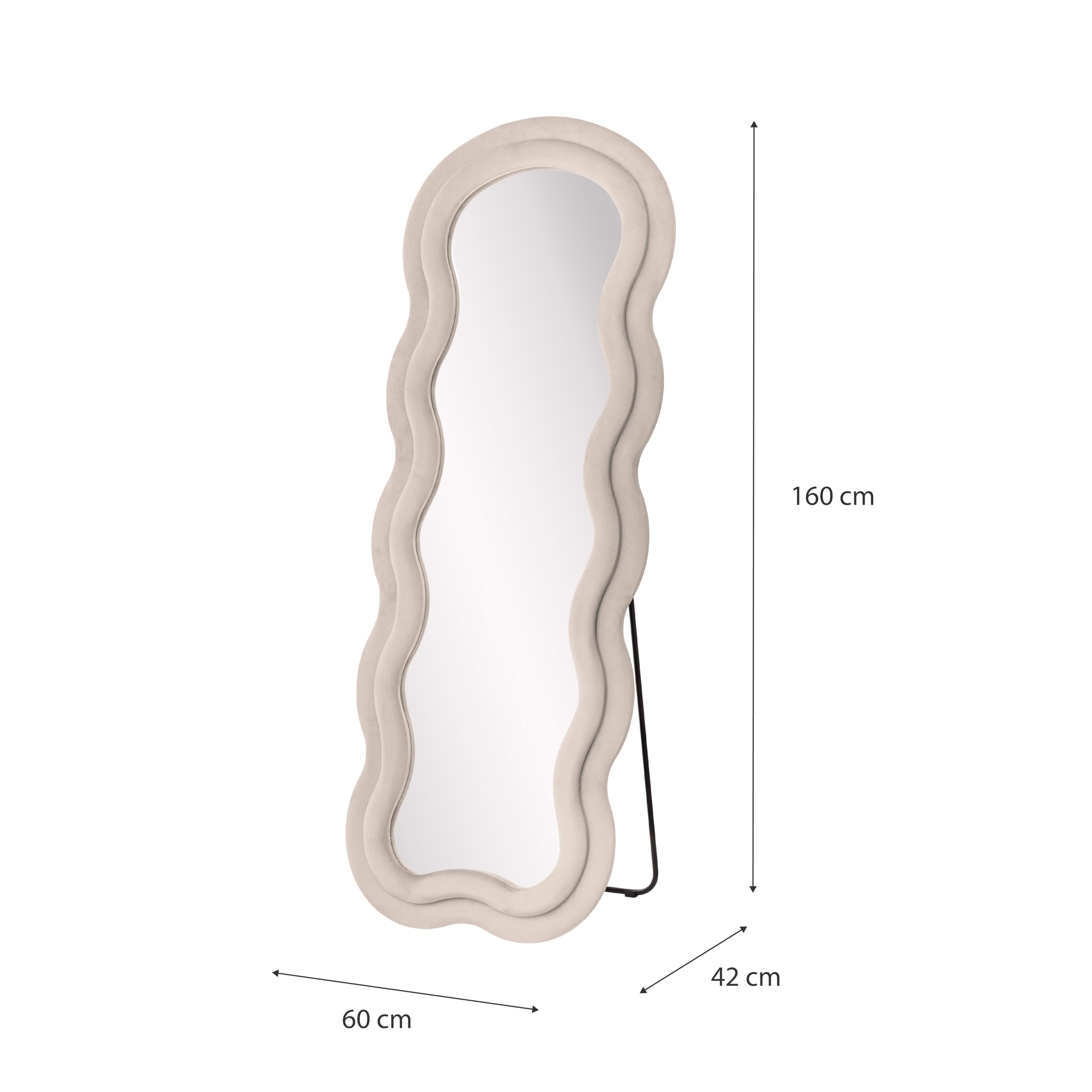 Baroni Home Specchio da Terra, Specchio con Cornice Ondulata Imbottita e Rivestimento in Velluto, Soggiorno, Camera da Letto, Corridoio, 160 x 60 Panna