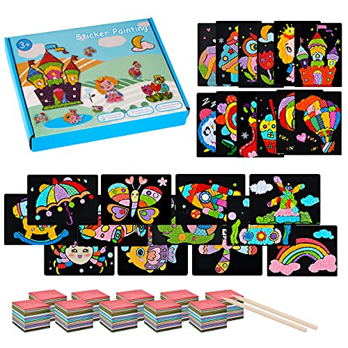 Yalis Sticky Tissue Paper Craft, 24 Cute Patterns Describe by Crinkled Up Paper Sticking on, for Kids Art and Craft Activity Birthday Gift