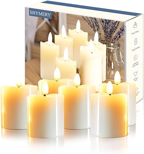 SHYMERY Velas votivas sin llama con temporizador, funcionan con pilas, velas realistas de cera real de 2 x 2 pulgadas, 6 unidades para decoración de