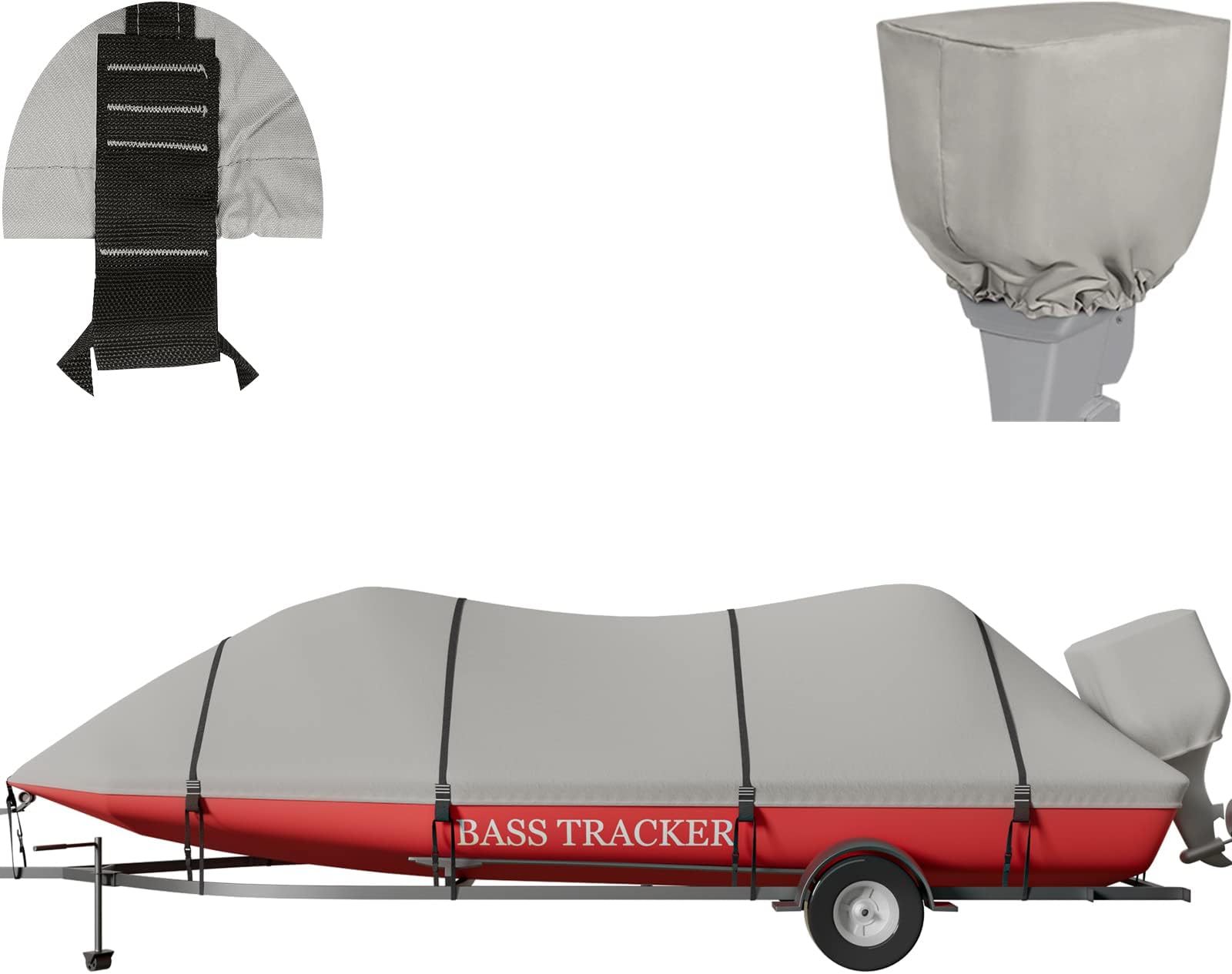 Zuihao2021 Upgraded 800D Trailerable Waterproof Bass Boat Cover for V-Hull Runabouts with 17 PCS Windproof Strap and Motor Cover, 16-18.5 ft Long by up to 98 inches Wide