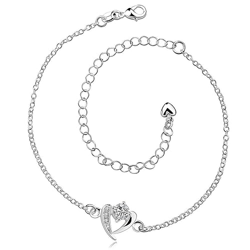 Charms Heart Shaped Crystal Rhinestone Pendant Chain Sterling Silver Anklet for Women & Girls