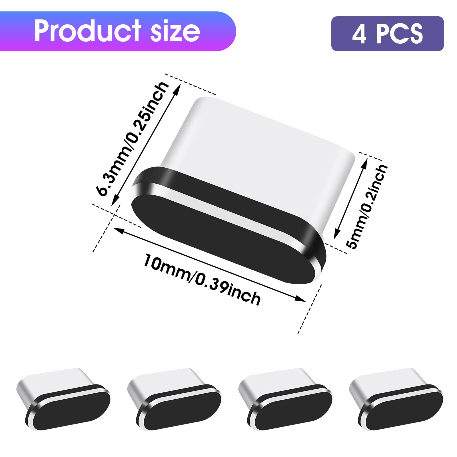 Lot 4 Bouchons Anti-Poussière USB-C Aluminium Noir – Protection Chargeur Smartphone Android Universel – Anti-Saleté Et Peluches