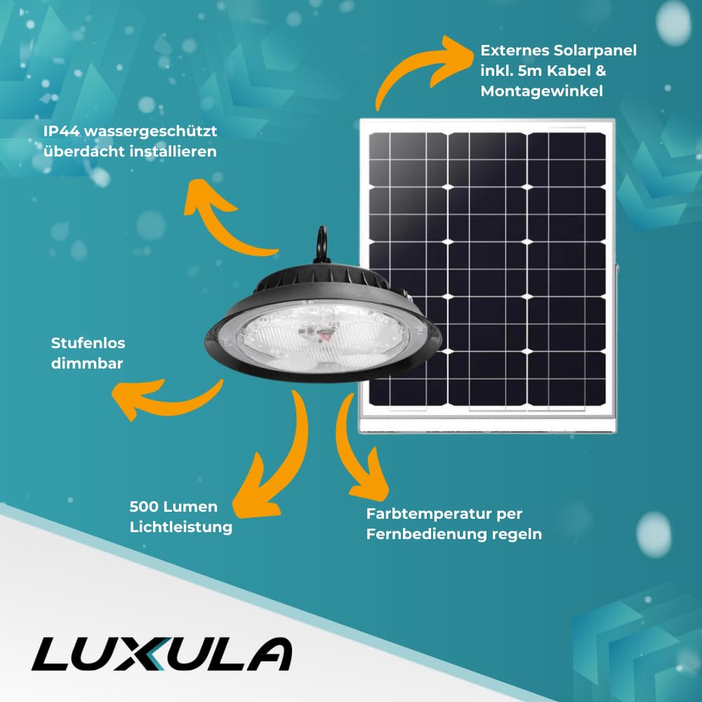 LUXULA dimmbare LED Hängeleuchte mit Solarpanel und Fernbedienung für Außen - 6W 500lm - 5m Kabel - IP44 Außenleuchte Solarlampe Camping Outdoor Garten Terrasse Zelt