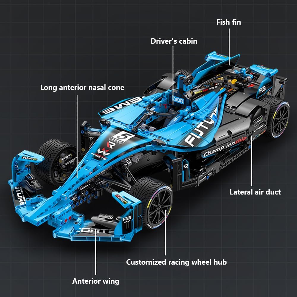 상세한 view of CaDA C64004W Formula Racing Car features including driver's cabin, fish fin, lateral air duct, anterior wing, long anterior nasal cone, and customized racing wheel hub.