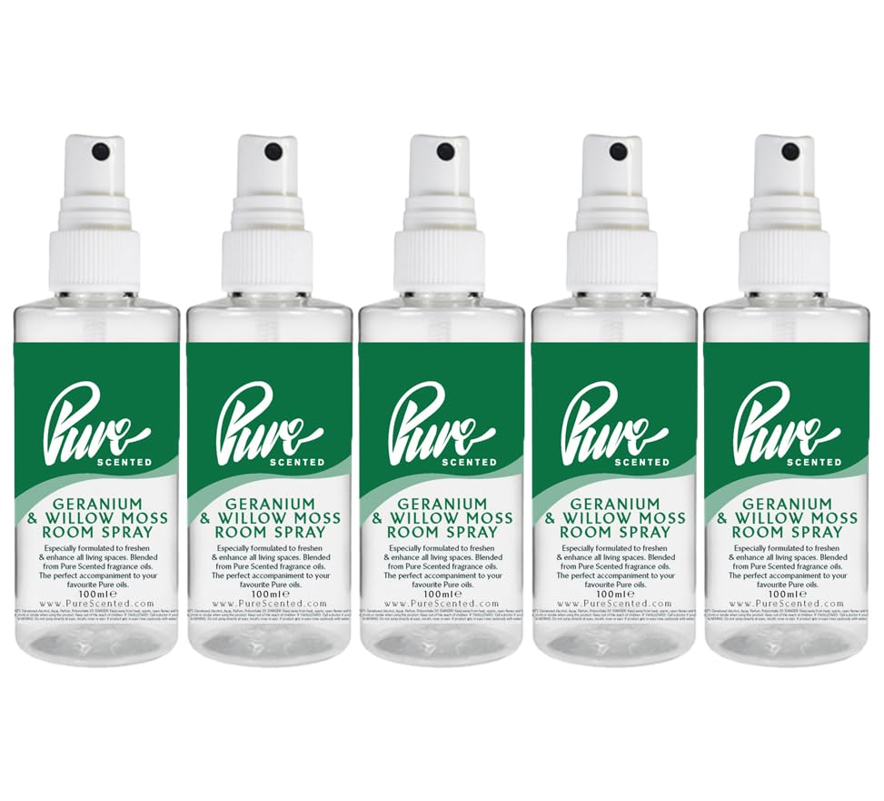 "Pure Scented 500ml Room & Fabric Sprays 5 x 100ml Suitable For Home, Car, Caravan, Work, Gym Bags, Odour Eliminators (5 x 100ml, Geranium & Willow Moss)"