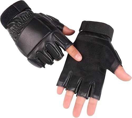 Miniatura 3 de Long Keeper Guantes de cuero genuino sin dedos para hombre, medio dedo, conducción, ciclismo, motocicleta, deportes al aire libre, Negro -