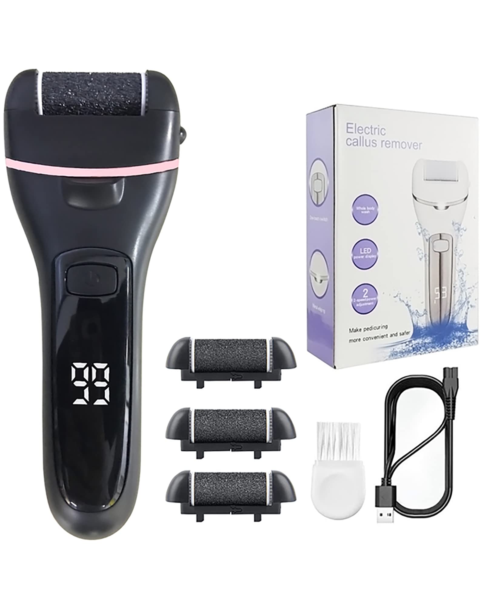 Lima eléctrica portátil para Quitar Callos de pies con 3 Rodillos y Herramientas de pedicura Profesionales de 2 velocidades para, Blanco (Negro)