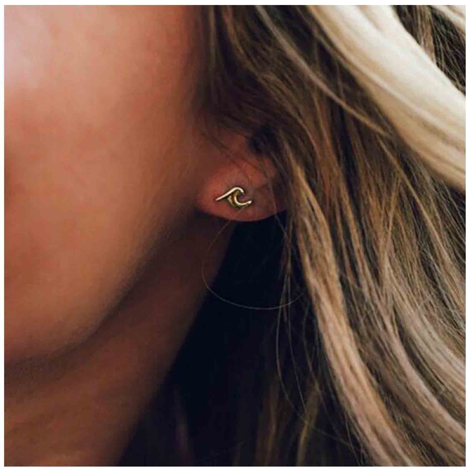 AllereyaBohemia Tiny Wave Earrings Silver Ocean Wave Studs Earrings Summer Beach Sea Earrings Minimalist Earrings Jewelry for Women and Girls Surfer Lover Gifts (Silver)