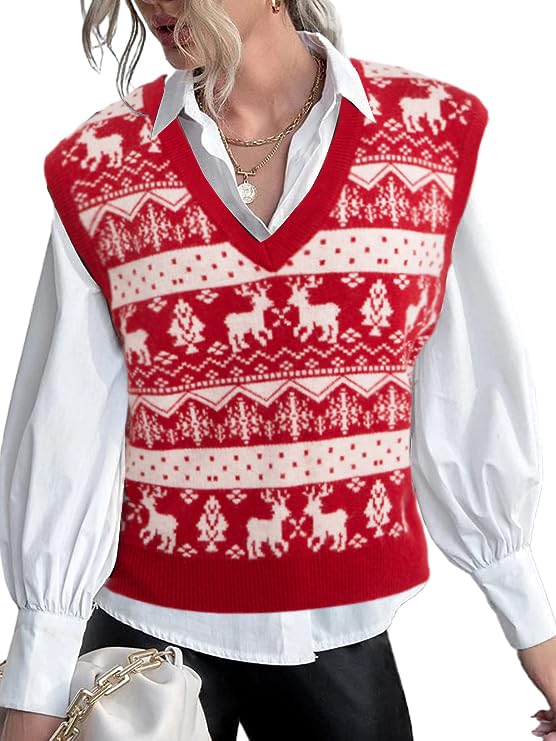 Image of JULYCLO Christmas Sweater Vest Women Ugly Xmas Reindeer Knit Sweaters Casual Santa Snowflake V Neck Sleeveless Outwear Tops