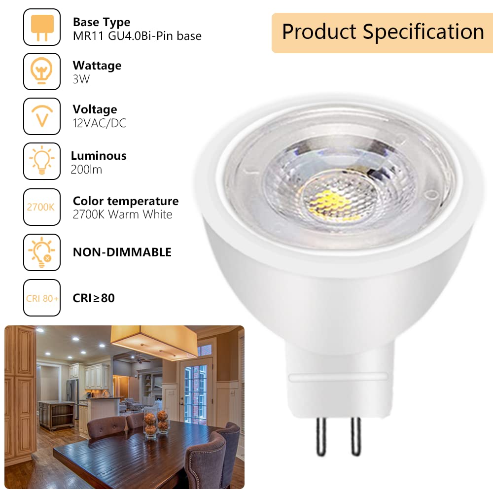2 Lampadine LED MR11 3W 3000K Calda – Base GU4 12V – Sostitutive Alogene 30W