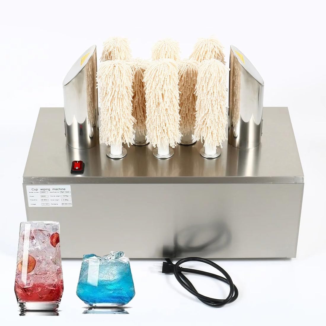 Pulidora Eléctrica de Vasos y Copas, Pulidora Profesional de Copas con 3/5/8 Cabezales de Microfibra de Alta Densidad, Secado por Aire Caliente 360°, Elimina Manchas de Agua e Huellas A8