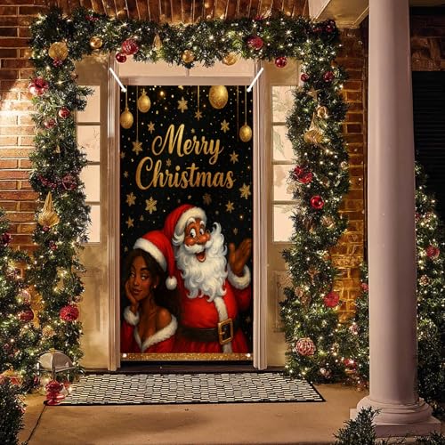 Image of BlissYard Christmas Door Cover Santa Ornaments 35x71 Inch Polyester