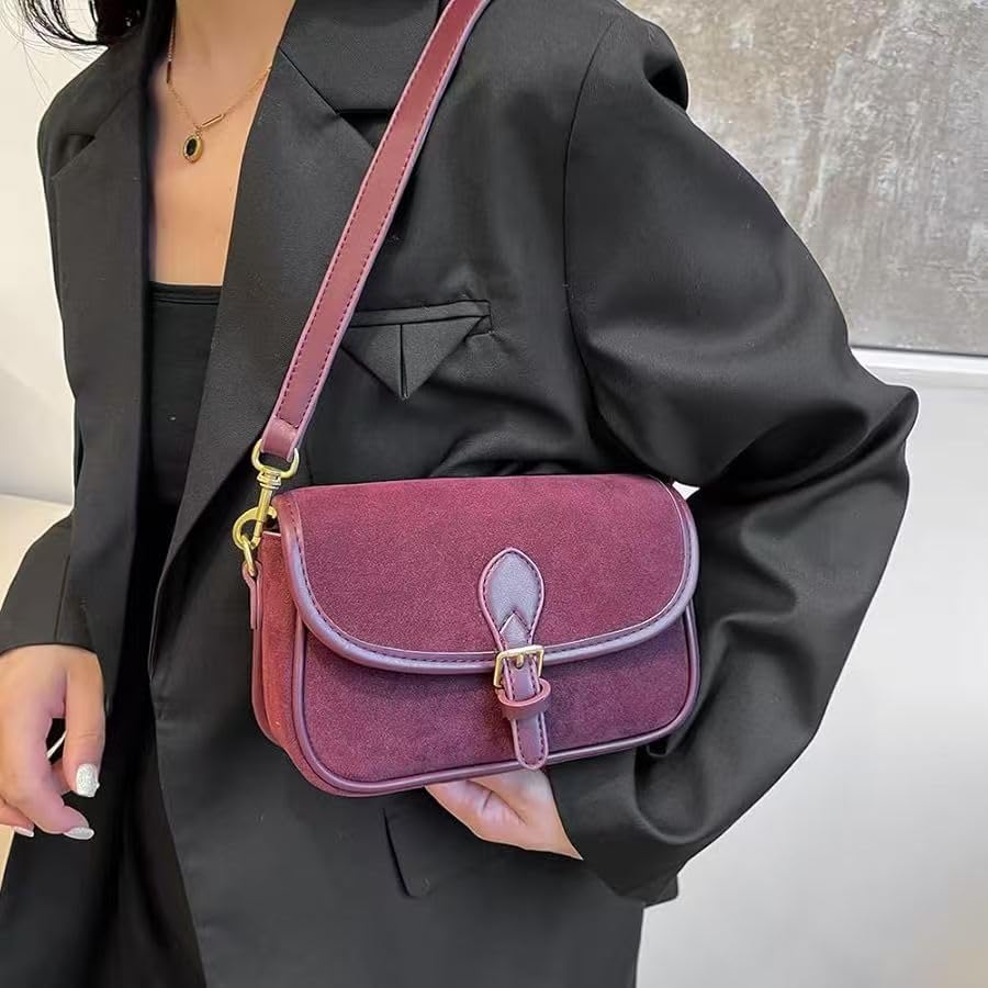 Women Small Suede Shoulder Bag Vintage Faux Suede Leather Crossbody Bag 2025 Fall Winter Handbag Satchel Clutch Purse (Dark Red,One Size)2
